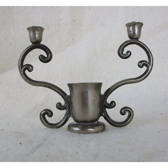 Small Candlestick, three candle stick holder, Pewter/silver metal candle holder, - Picture 1 of 5